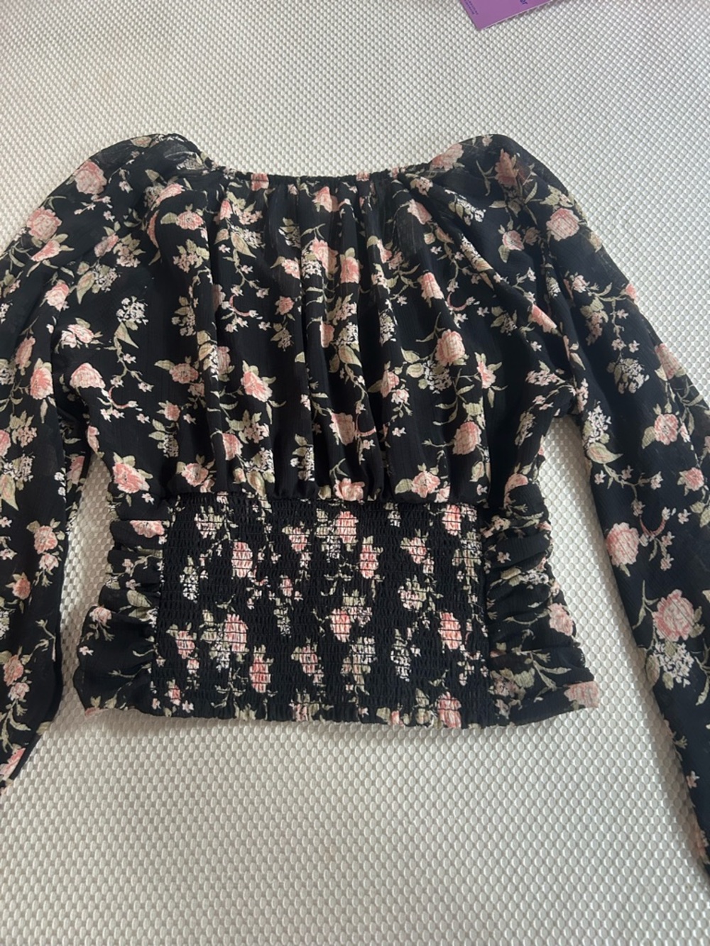 Free People Black Floral Smocked-Waist Long Sleeve Top